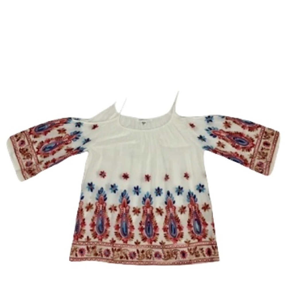 Karen Kane Boho Cold Shoulder White Top with red and blue flower embroidered-M